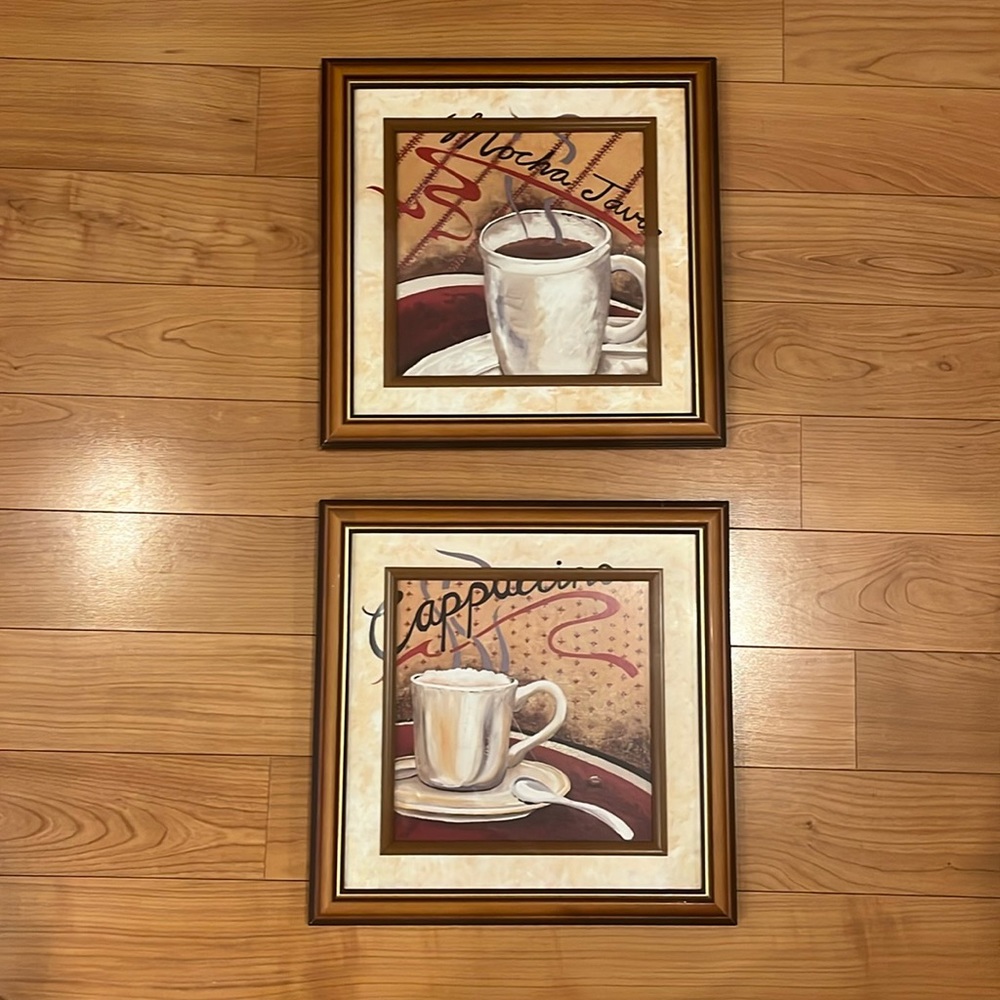 2 14x14 coffee theme wall decor. Browns, tan, red, black